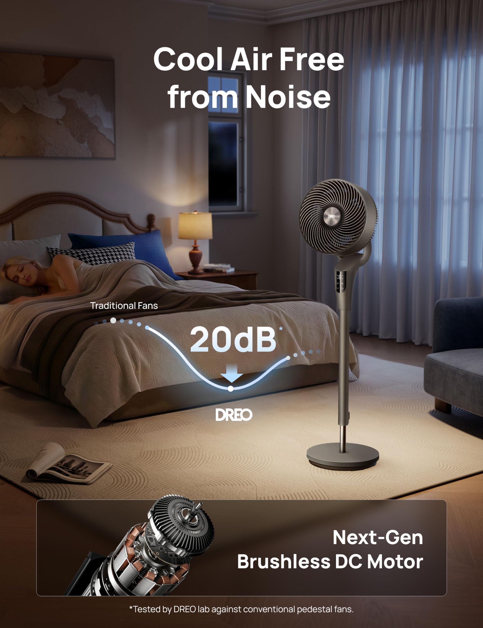 DREO standing fan with DC motor offering ultra-quiet operation for night use