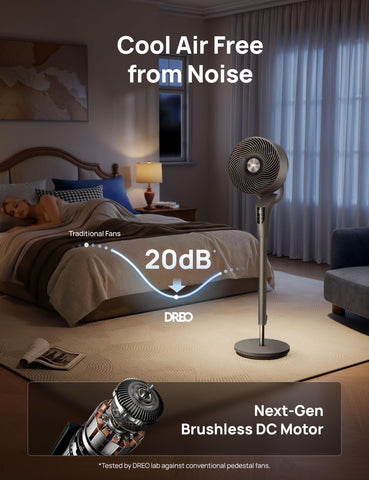 DREO standing fan with DC motor offering ultra-quiet operation for night use