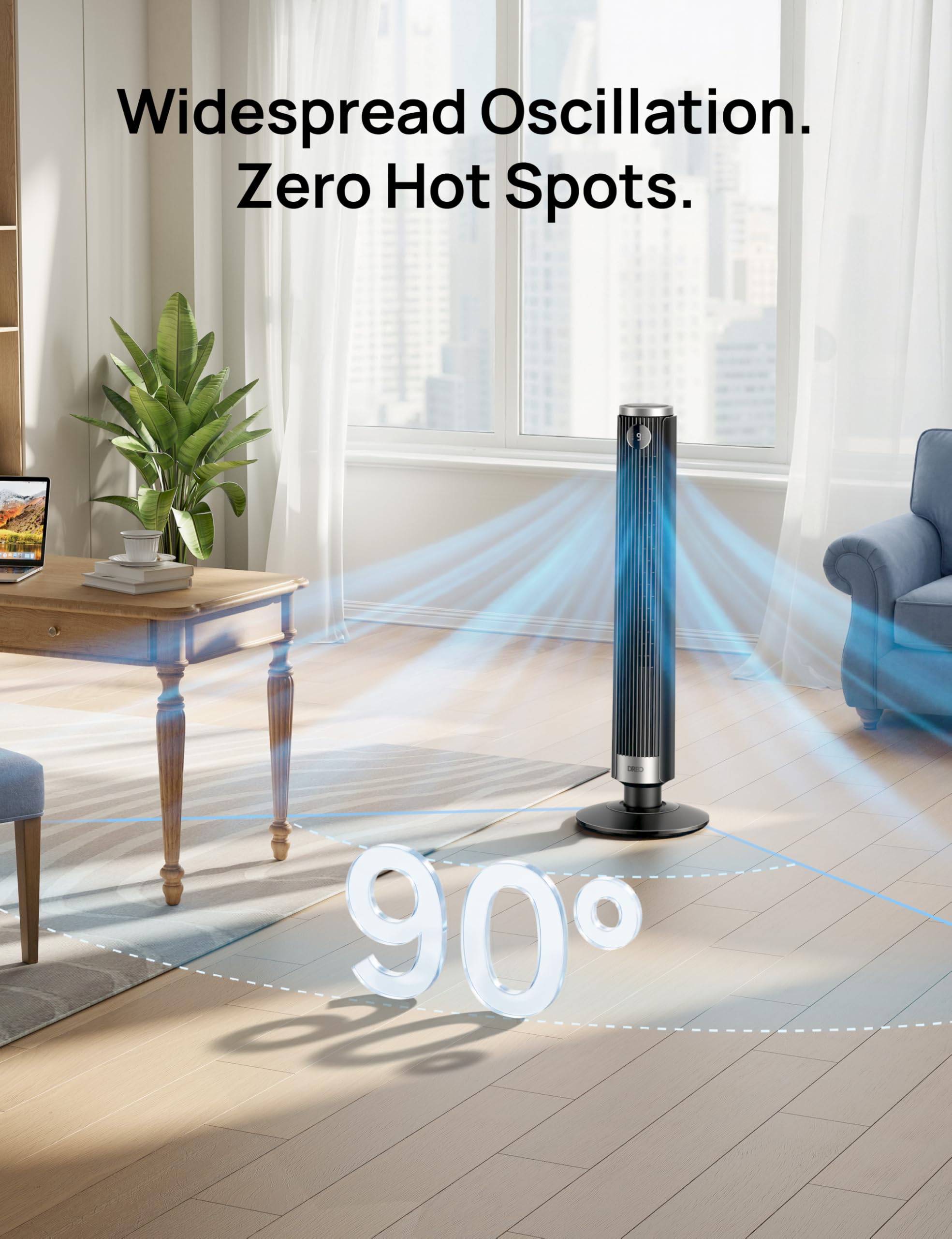 DREO tower fan with 12-hour timer for scheduled cooling.