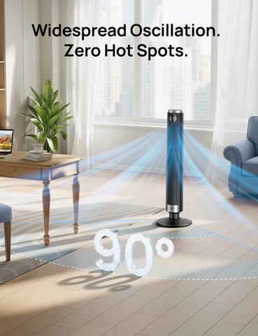 DREO tower fan with 12-hour timer for scheduled cooling.