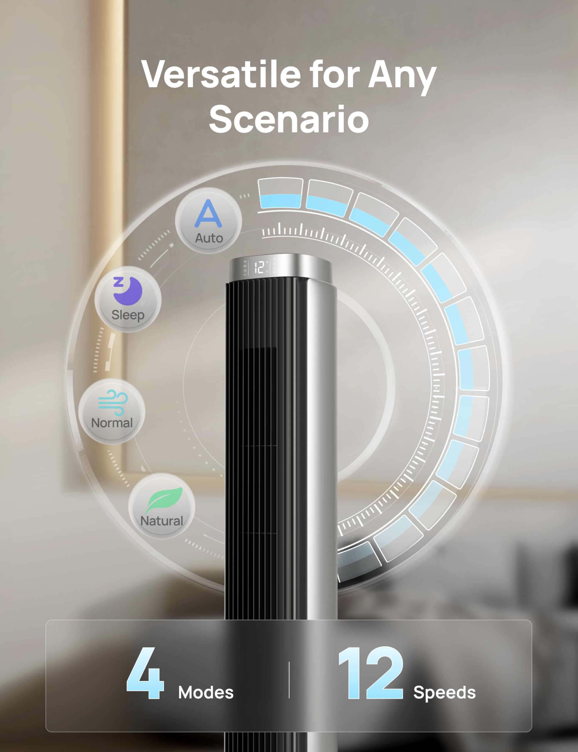 DREO tower fan offers 12-speed control for precise breeze.