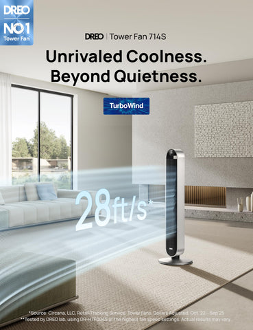 DREO tower fan demonstrating 120-degree oscillation for whole-room airflow.