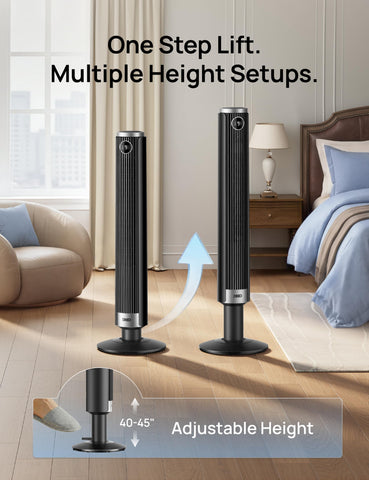 DREO tower fan delivers 28 ft/s velocity for rapid cooling.