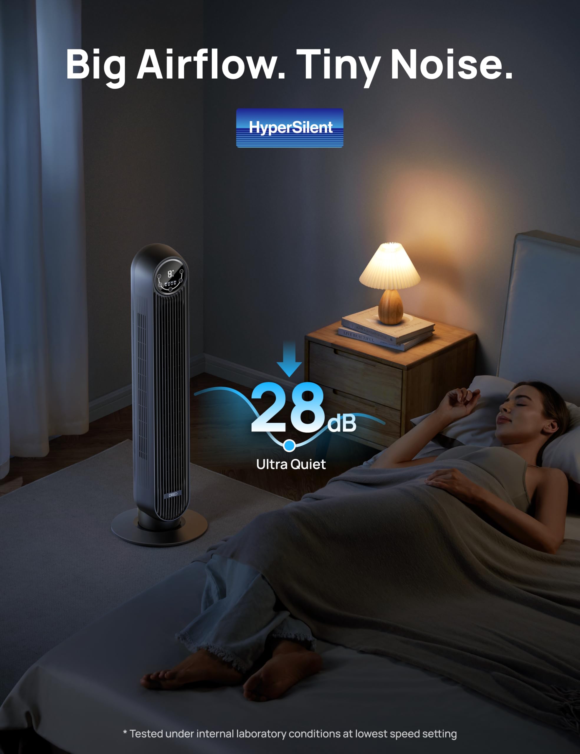DREO 36-inch bladeless tower fan delivering powerful airflow.