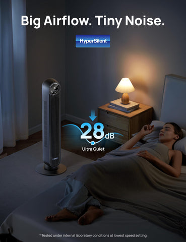 DREO 36-inch bladeless tower fan delivering powerful airflow.