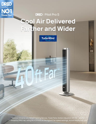DREO tower fan projects air across the room with 40-foot airflow reach.