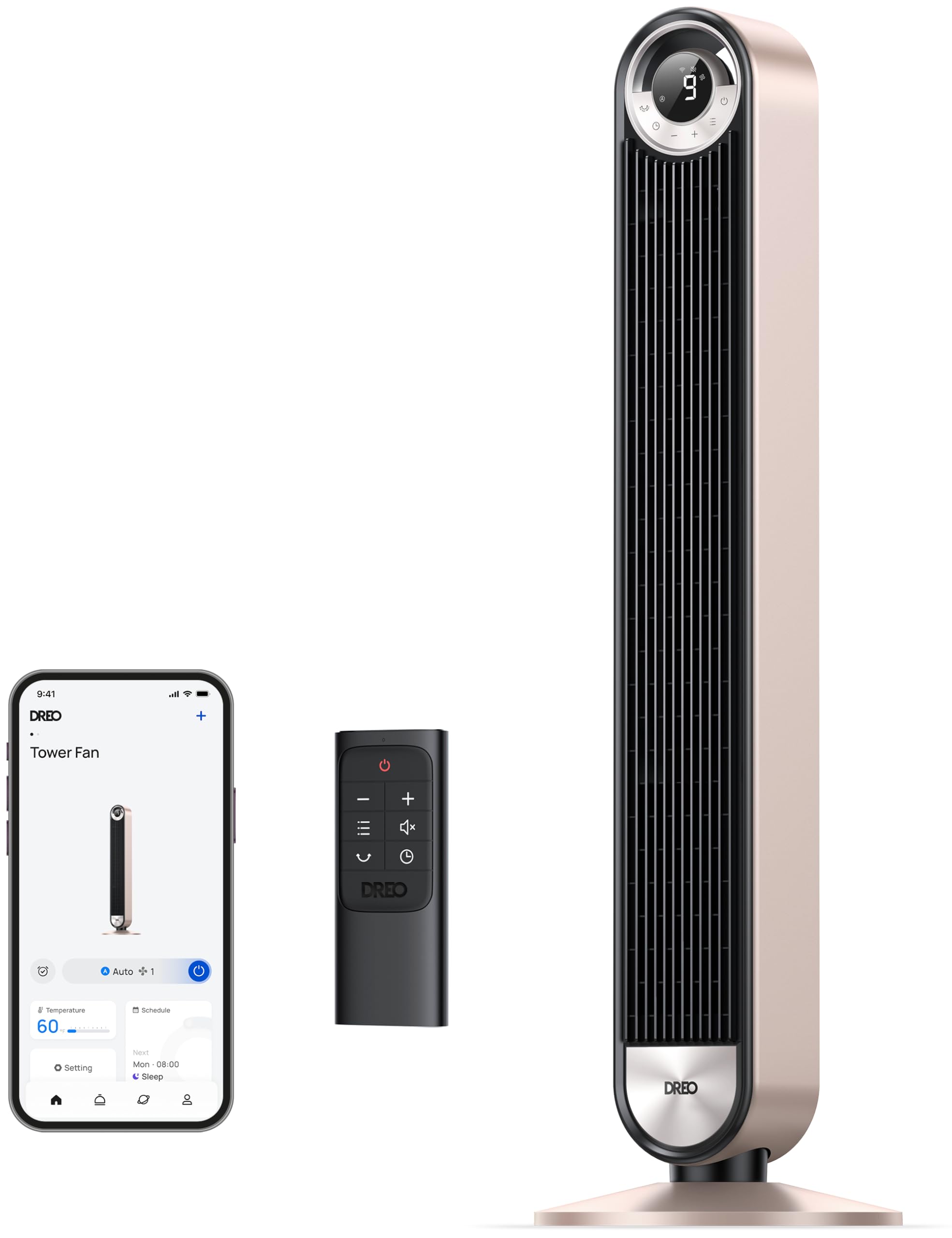 Dreo 42-inch smart tower fan with 90-degree oscillation for even room cooling