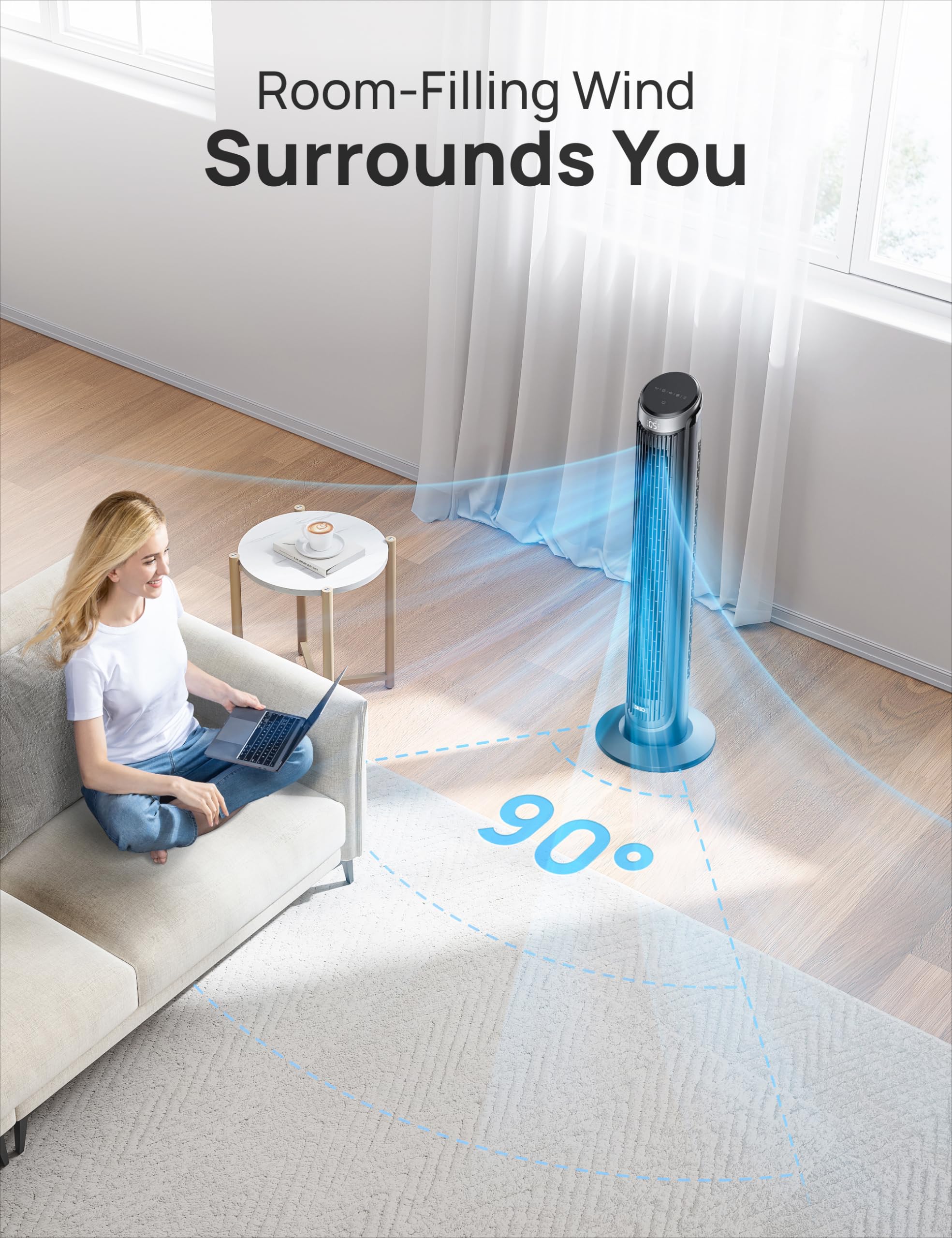 DREO tower fan offers 5 speeds and 4 modes for versatile cooling