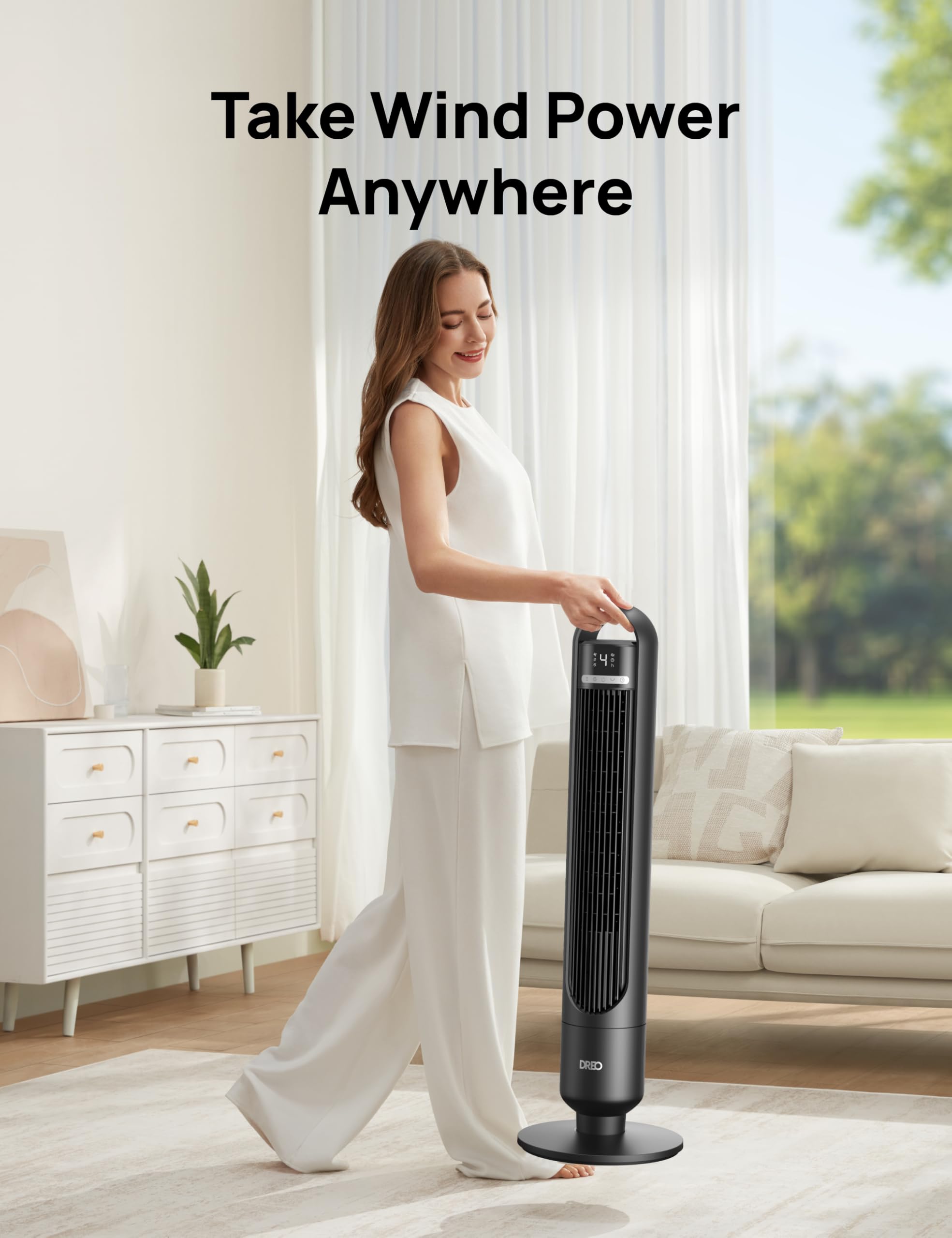 DREO Tower Fan with 8 hour timer for automatic cooling