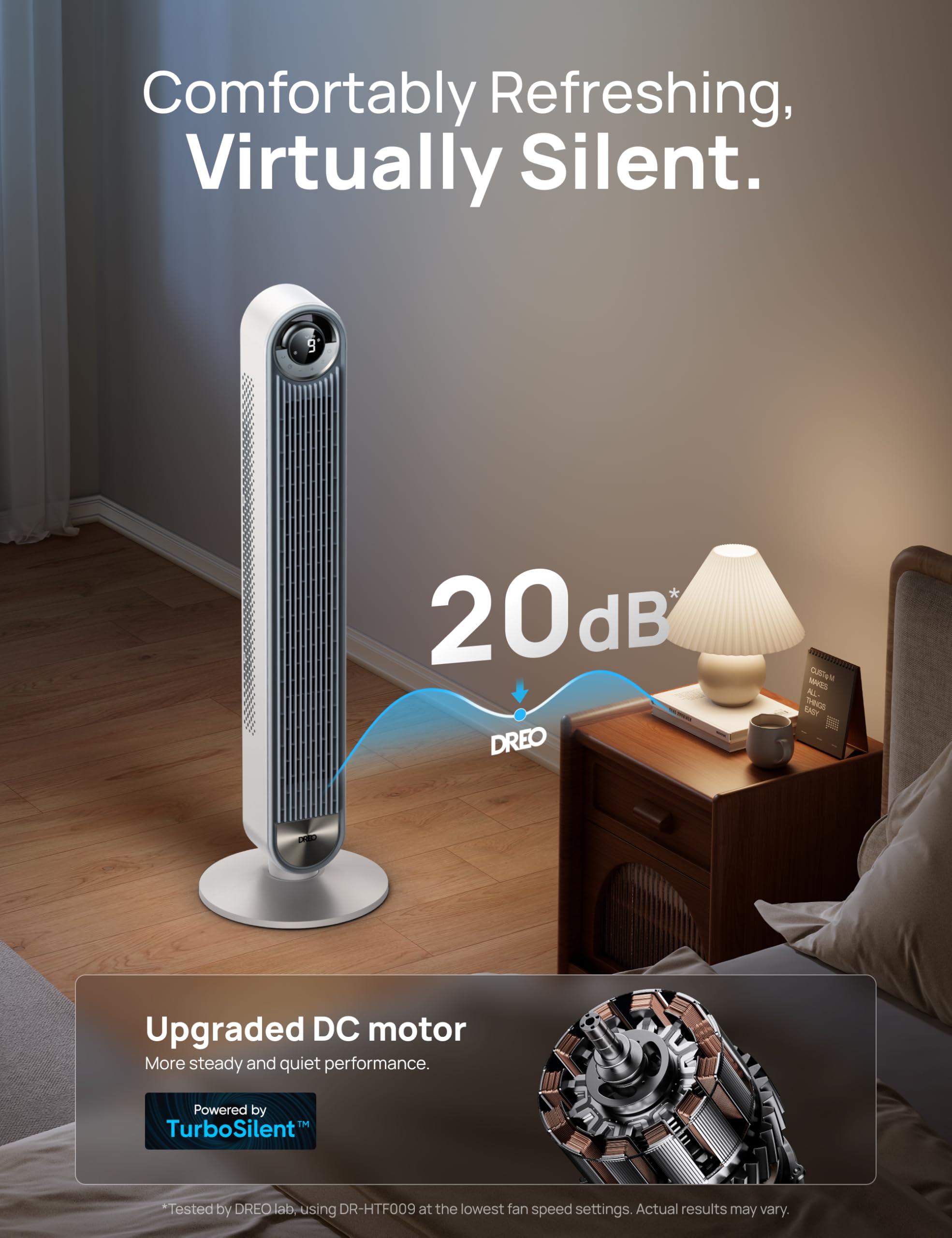 DREO Tower Fan 90-degree oscillation for wide-room airflow