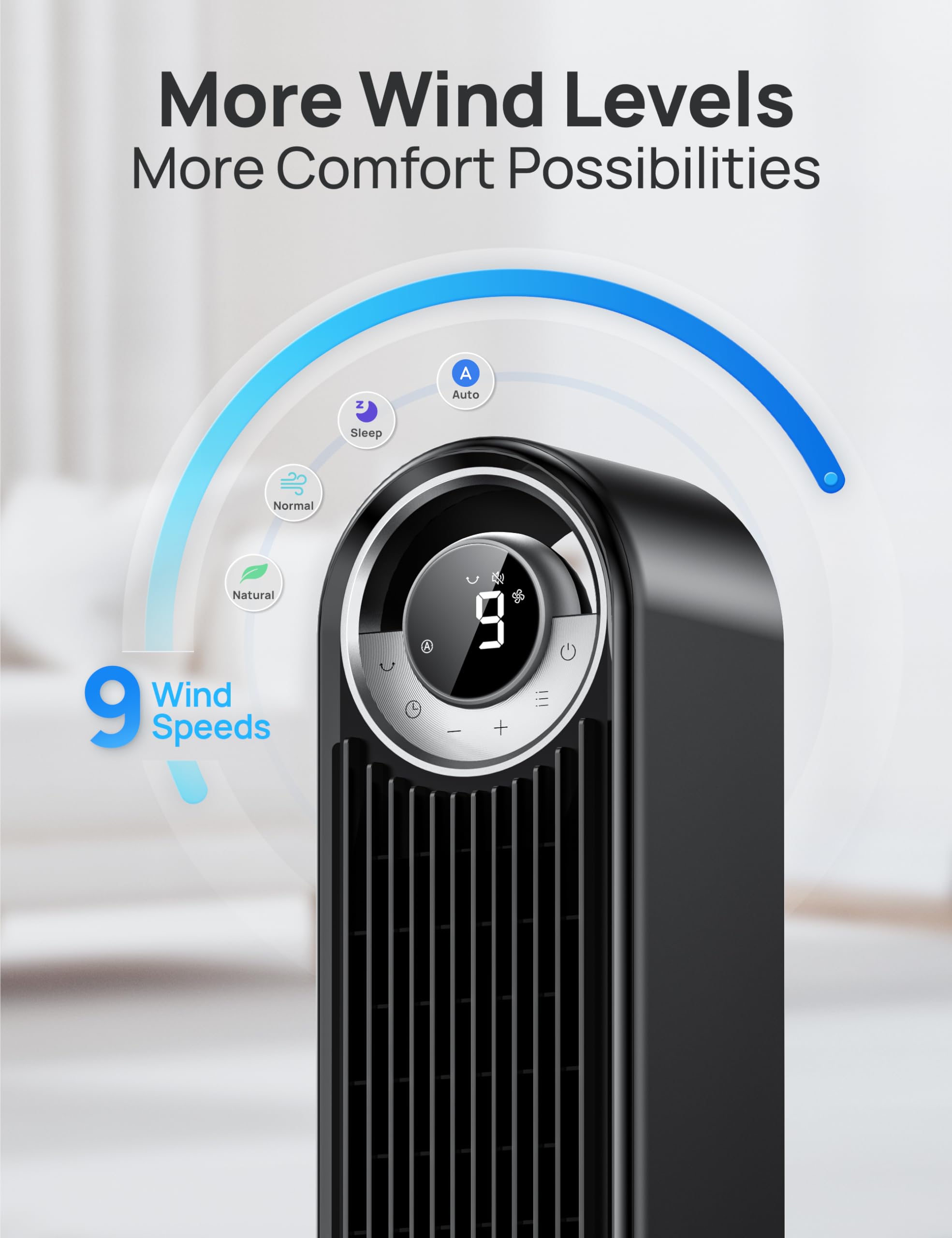 DREO tower fan 90-degree oscillation to evenly distribute cool air