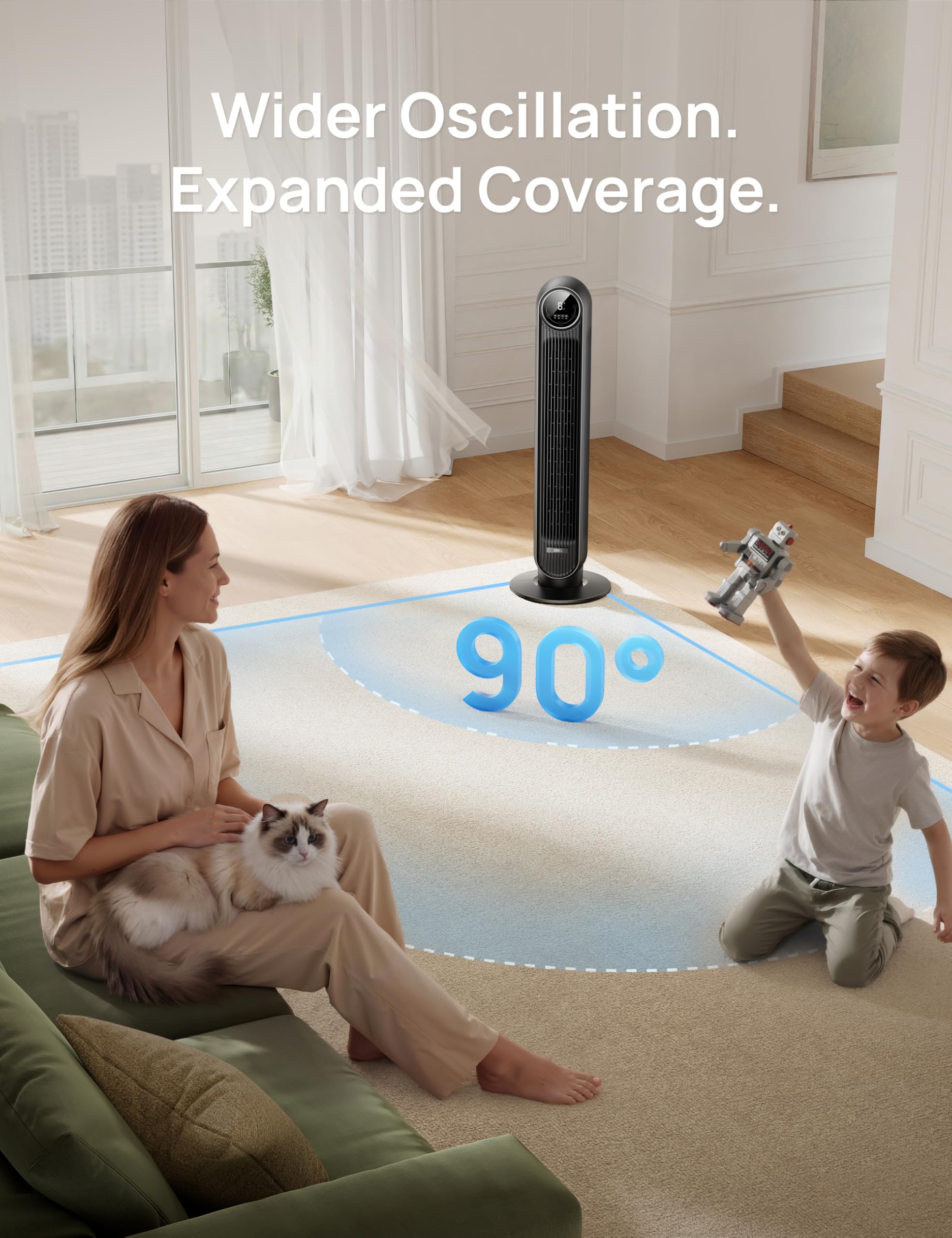 Dreo 90-degree oscillation delivering broad room coverage.