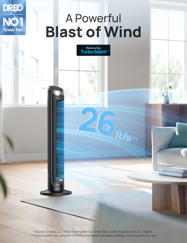 DREO tower fan with 90-degree oscillation for even room cooling