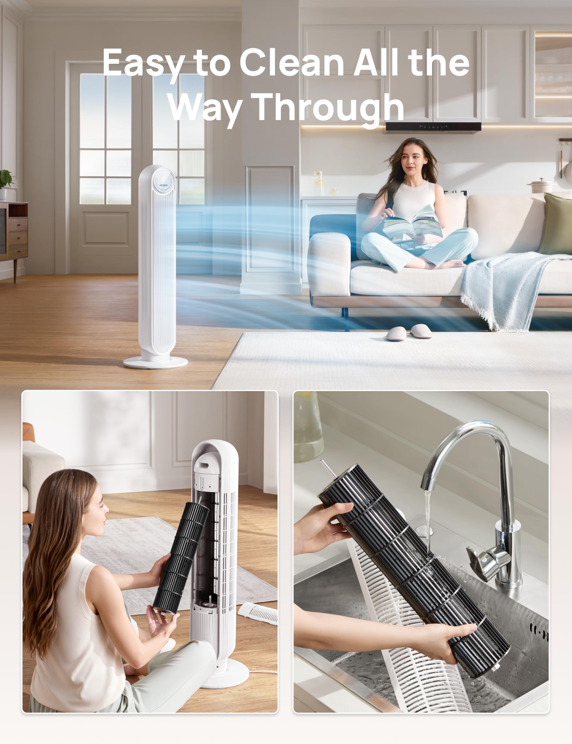 DREO tower fan with 90-degree oscillation providing wide air reach in a living room