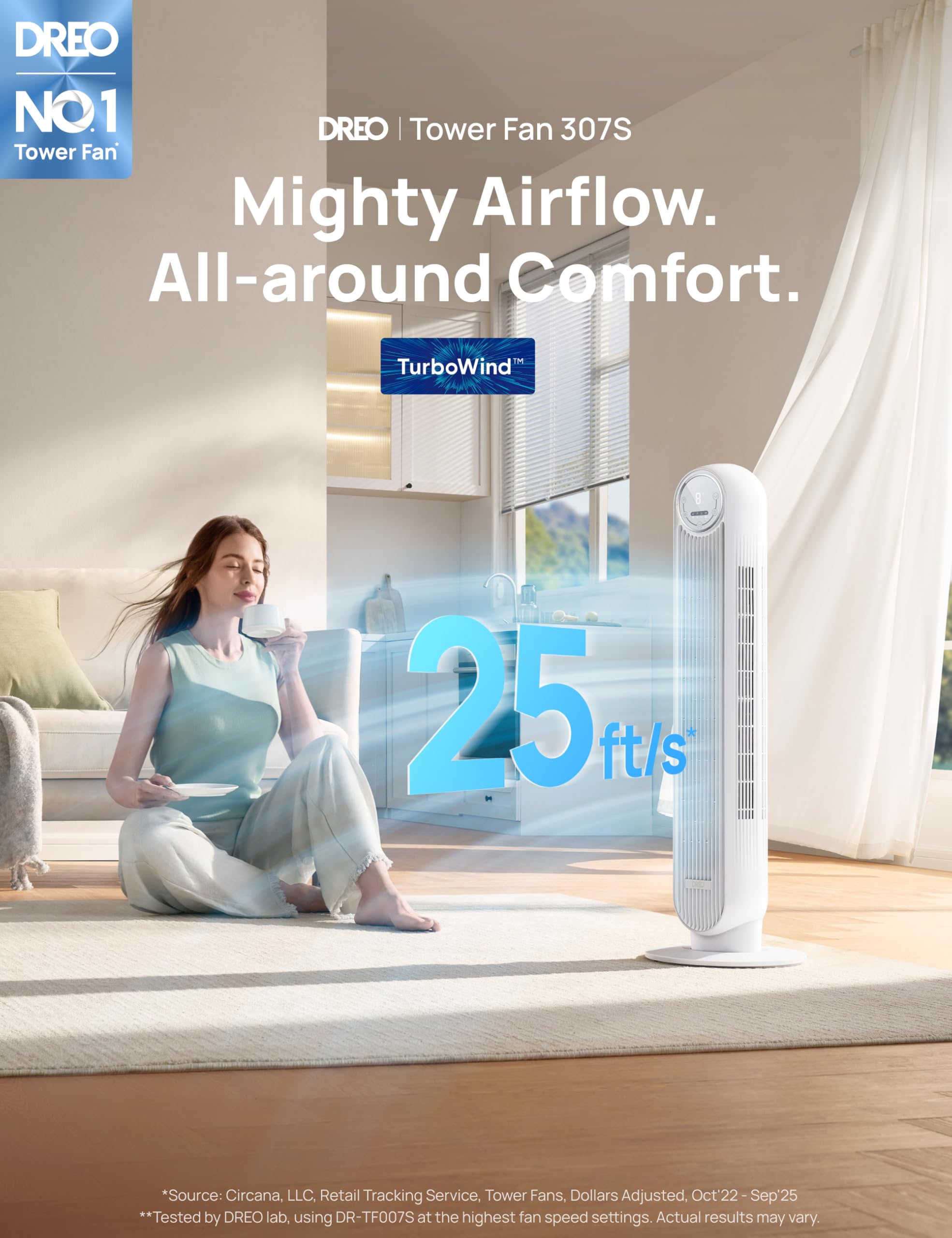 DREO tower fan 90° oscillation for wide-area comfort