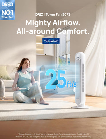 DREO tower fan 90° oscillation for wide-area comfort