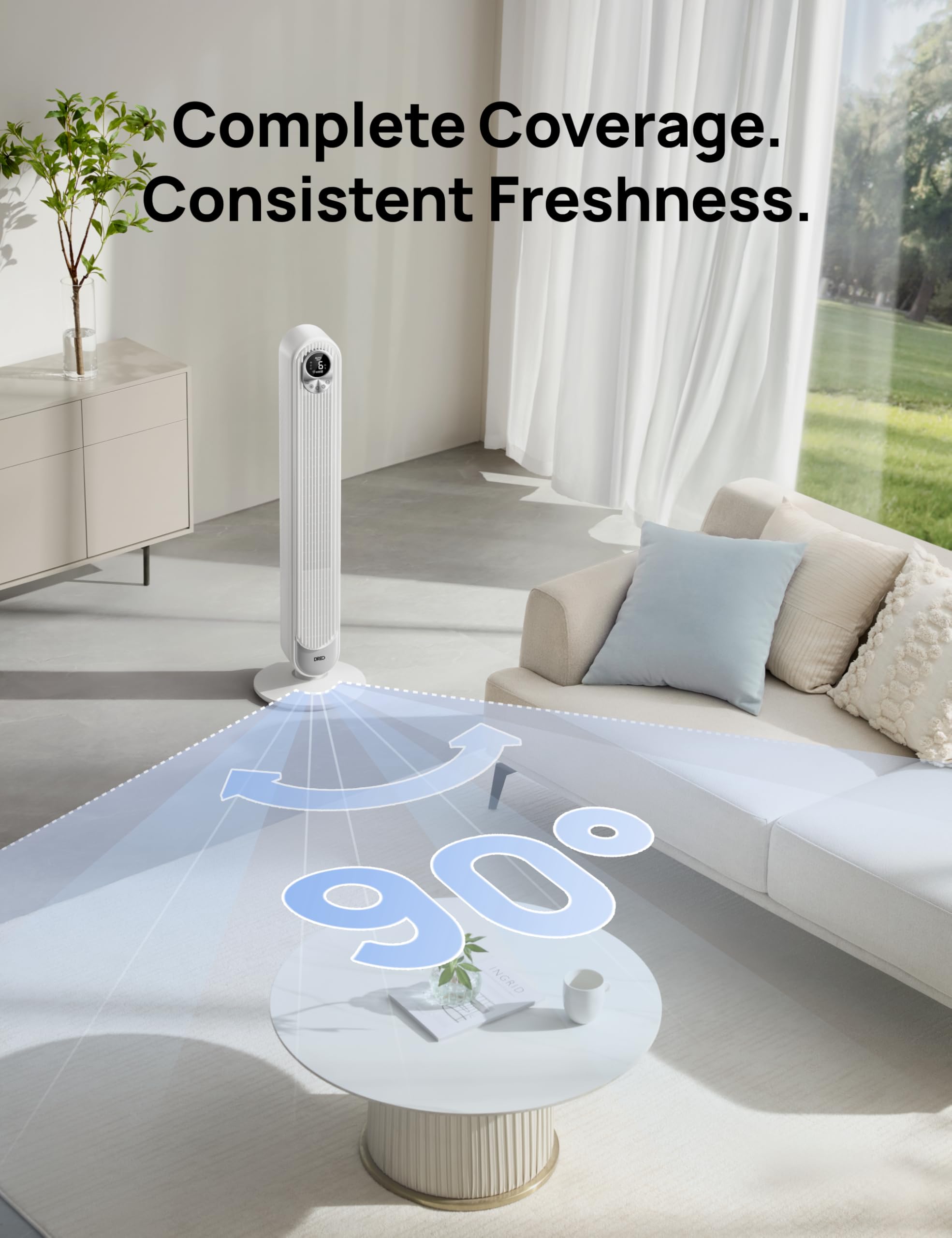 DREO 90-degree oscillation reaching wide room coverage