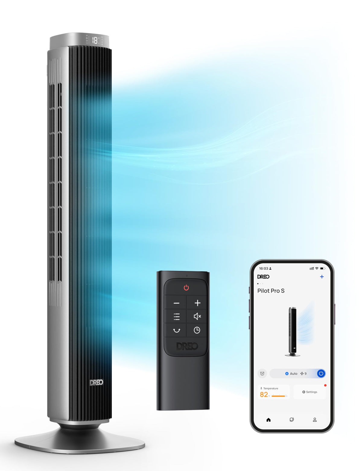 DREO tower fan in bedroom delivers powerful cooling with a 42-inch profile.