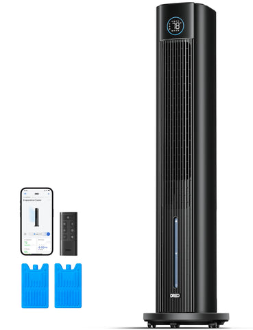 DREO tower fan in a bedroom delivering strong 43-inch airflow for cooling.