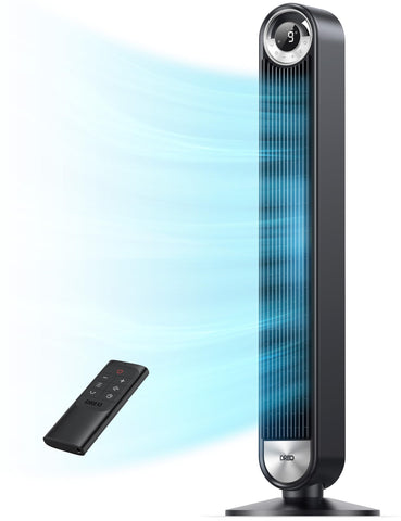 DREO tower fan in a bedroom angled view delivering refreshing airflow for a comfortable night