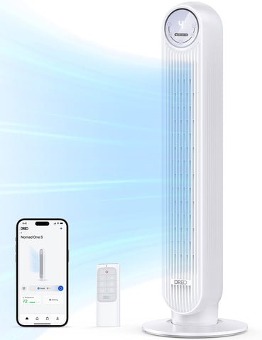 DREO tower fan bedroom front-view offering even cooling across the room