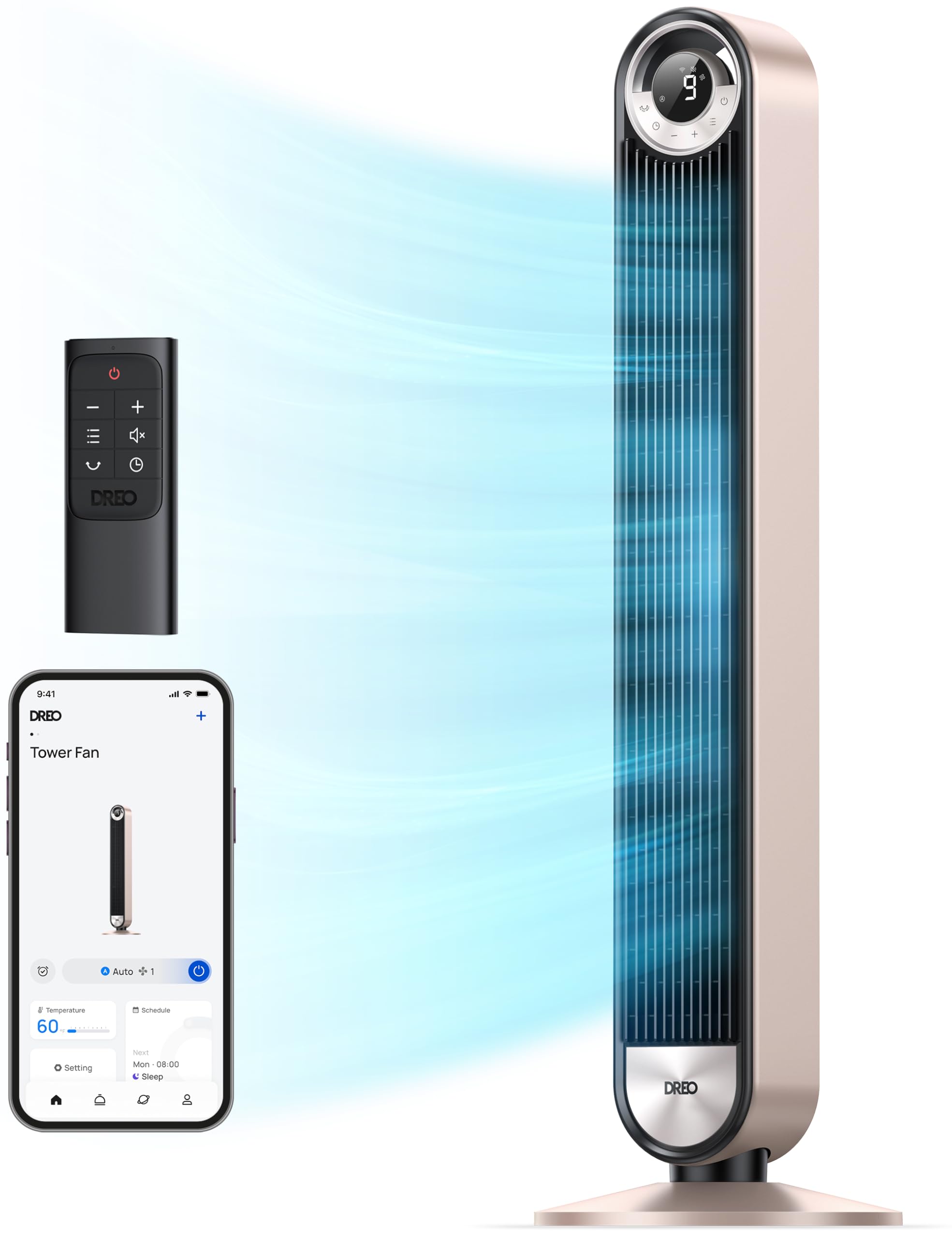 DREO 42-inch tower fan cooling a sunny bedroom with full oscillation