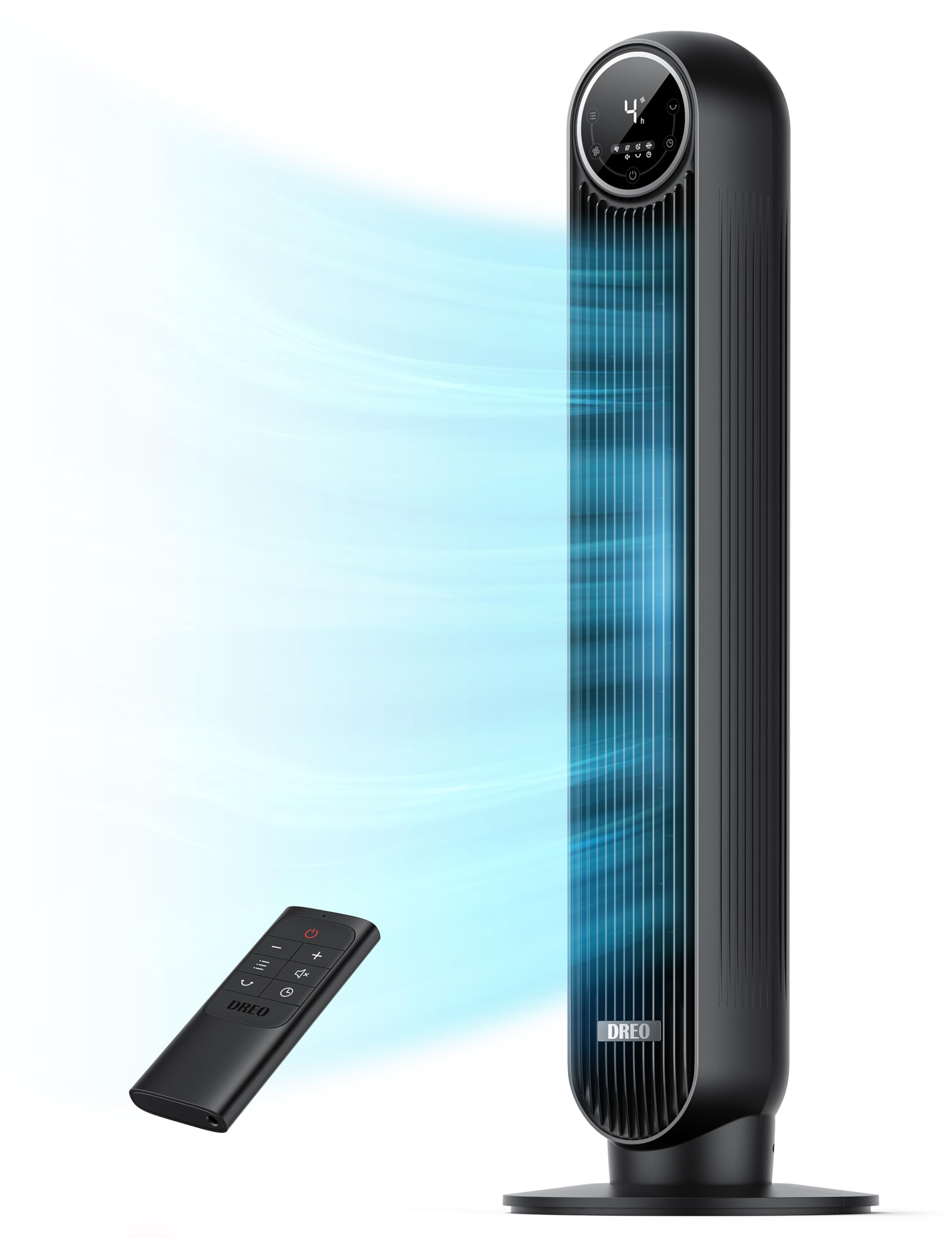 Dreo tower fan in bedroom with upgraded DC motor for stronger airflow.