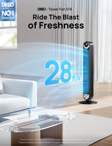 DREO tower fan bladeless design close-up highlighting safe, quiet cooling for any room