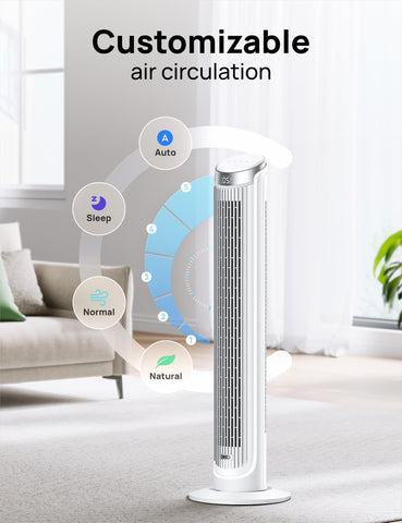 DREO Tower Fan offering five speed settings for customizable airflow.