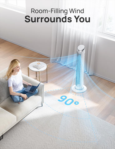 DREO Tower Fan showing its four modes for versatile comfort.