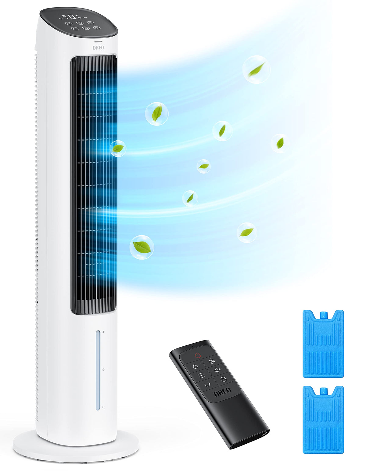 DREO tower fan front view with 80° oscillation delivers cool air.