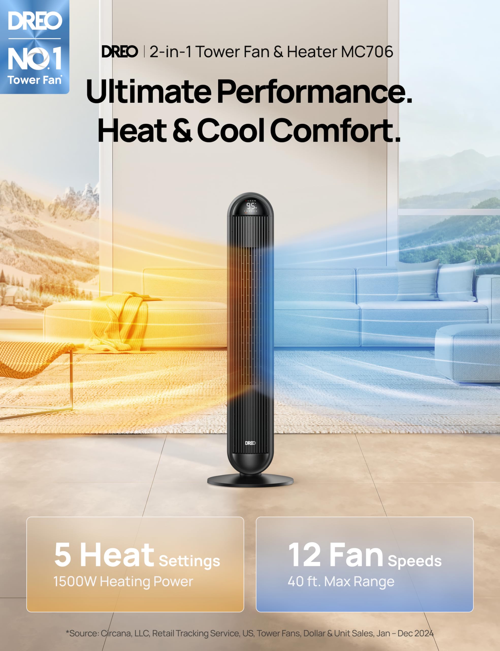 DREO remote control enables easy adjustments from across the room.