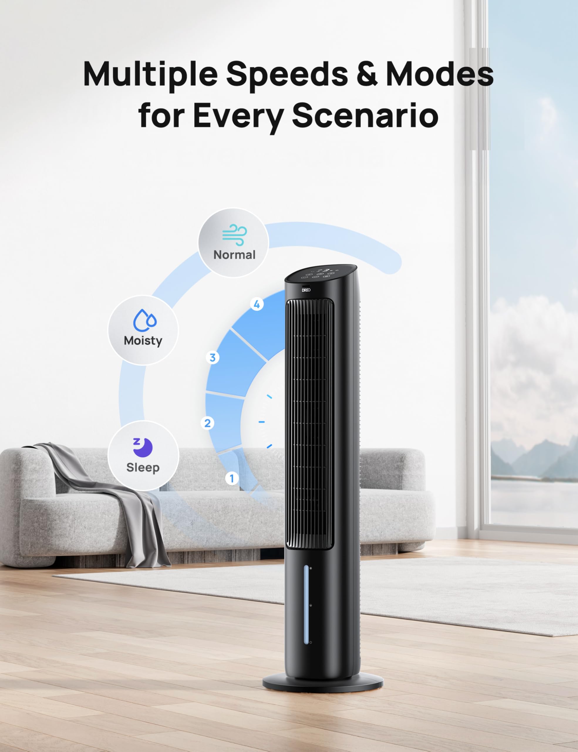 Dreo tower fan in living room provides wide cooling coverage