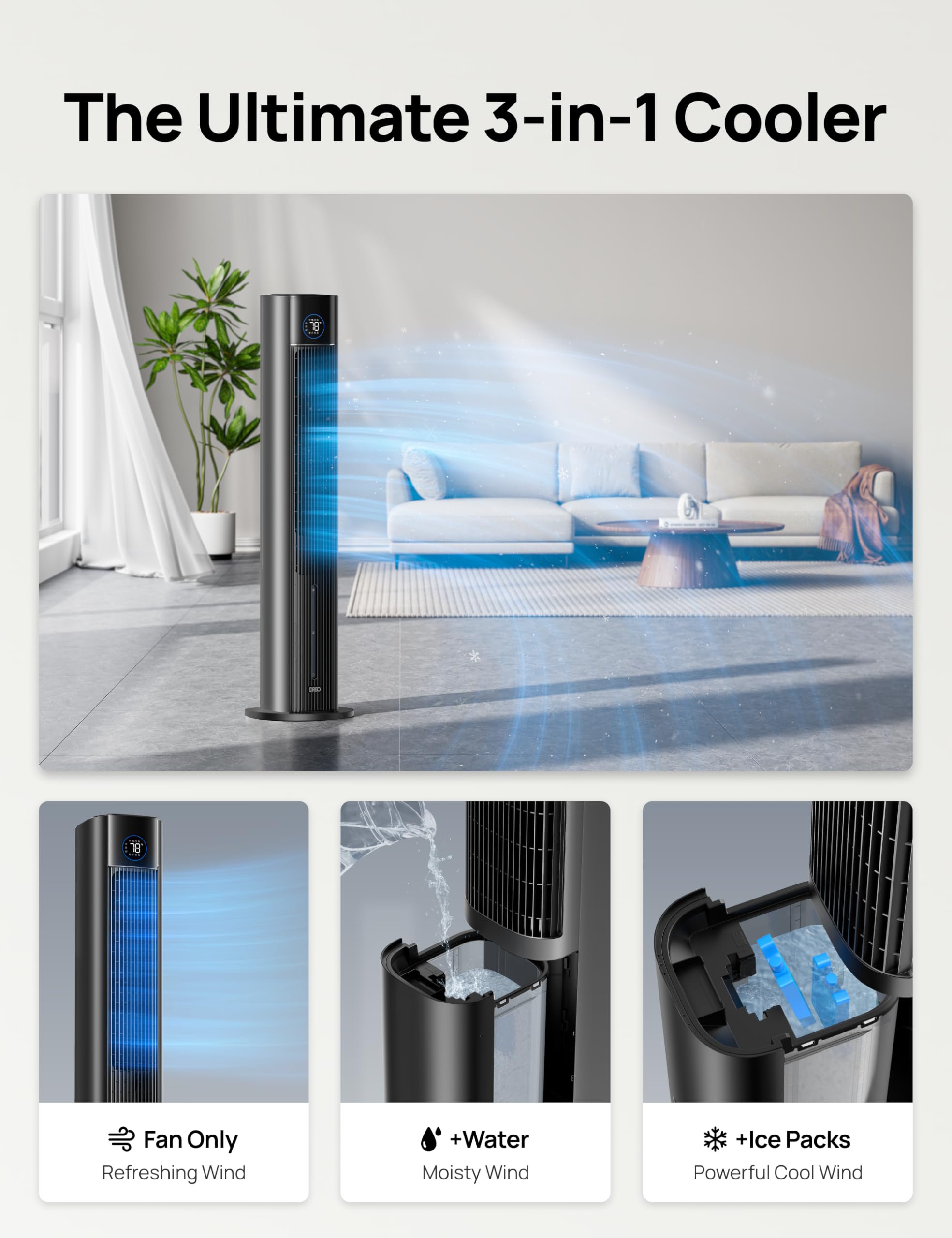 DREO 80-degree oscillation broadens coverage for group comfort.
