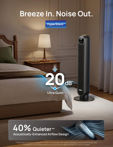 Dreo quiet tower fan emits minimal sound for night use.