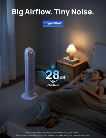 DREO bladeless tower fan operates quietly for restful sleep