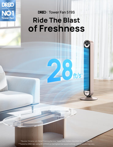 DREO tower fan operating quietly at 20dB in a dim room