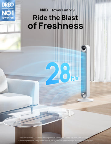 DREO Tower Fan whisper-quiet operation in bedroom at night