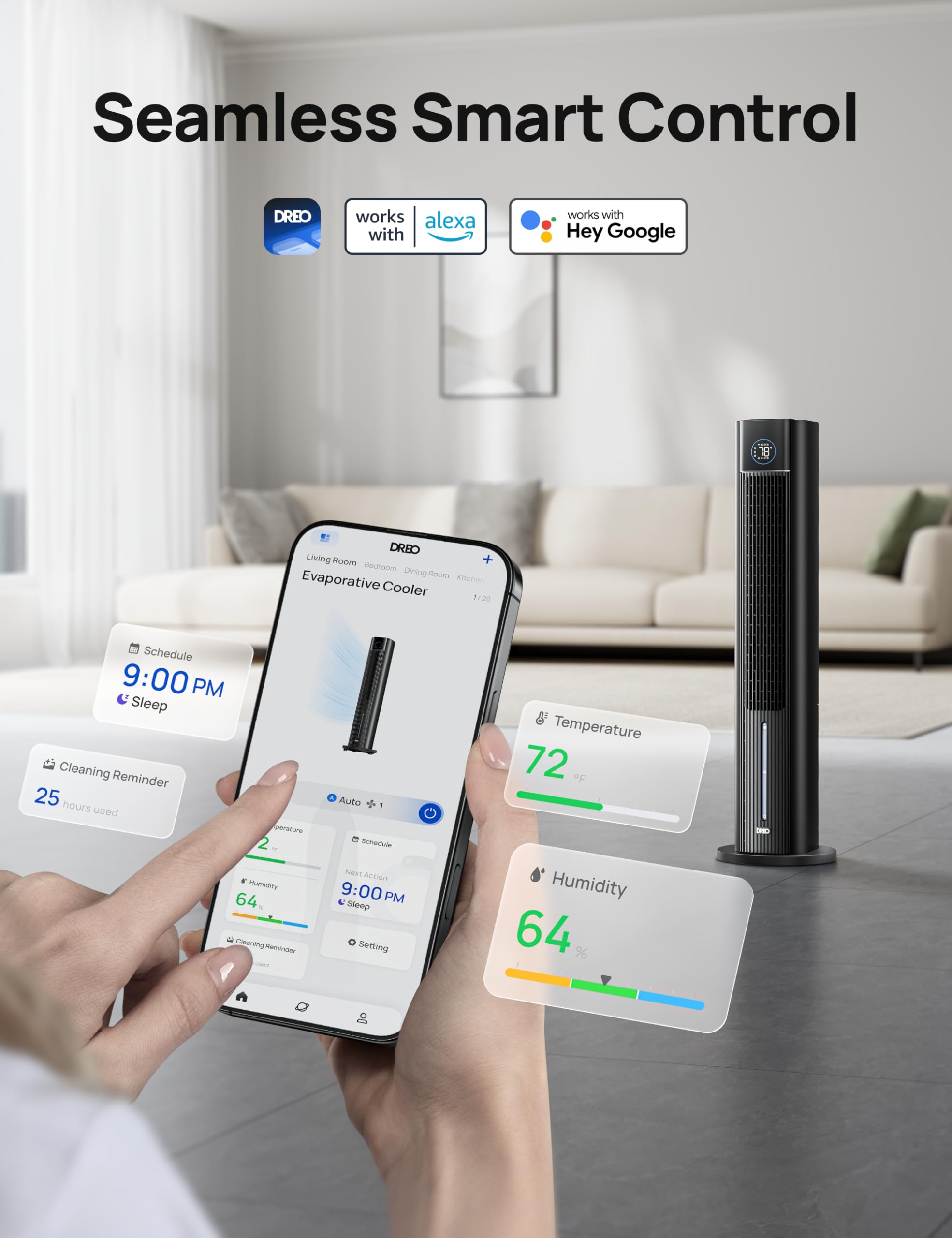 DREO quiet operation keeps bedrooms peaceful during night.