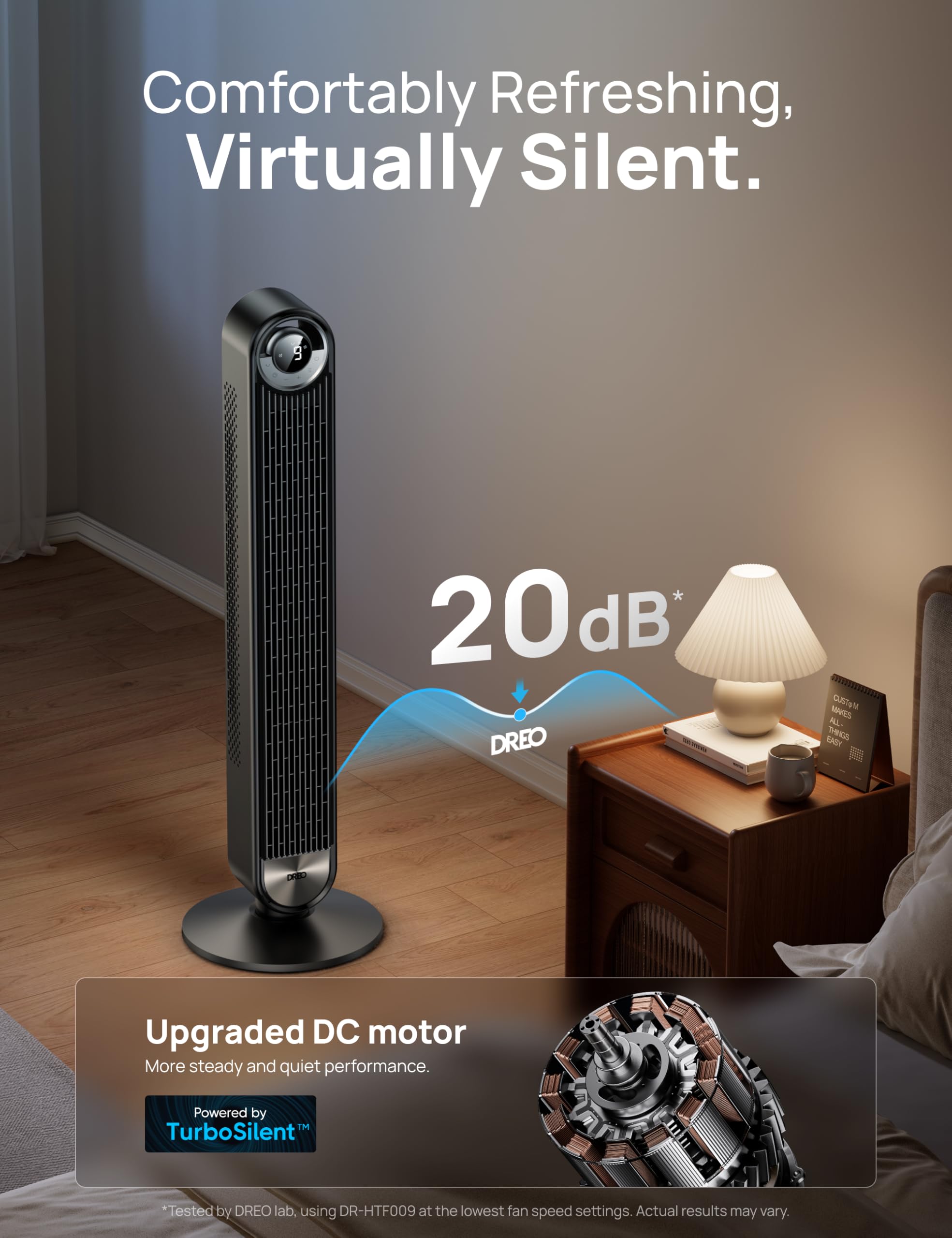 DREO tower fan remote control on bedside table for easy, convenient adjustments