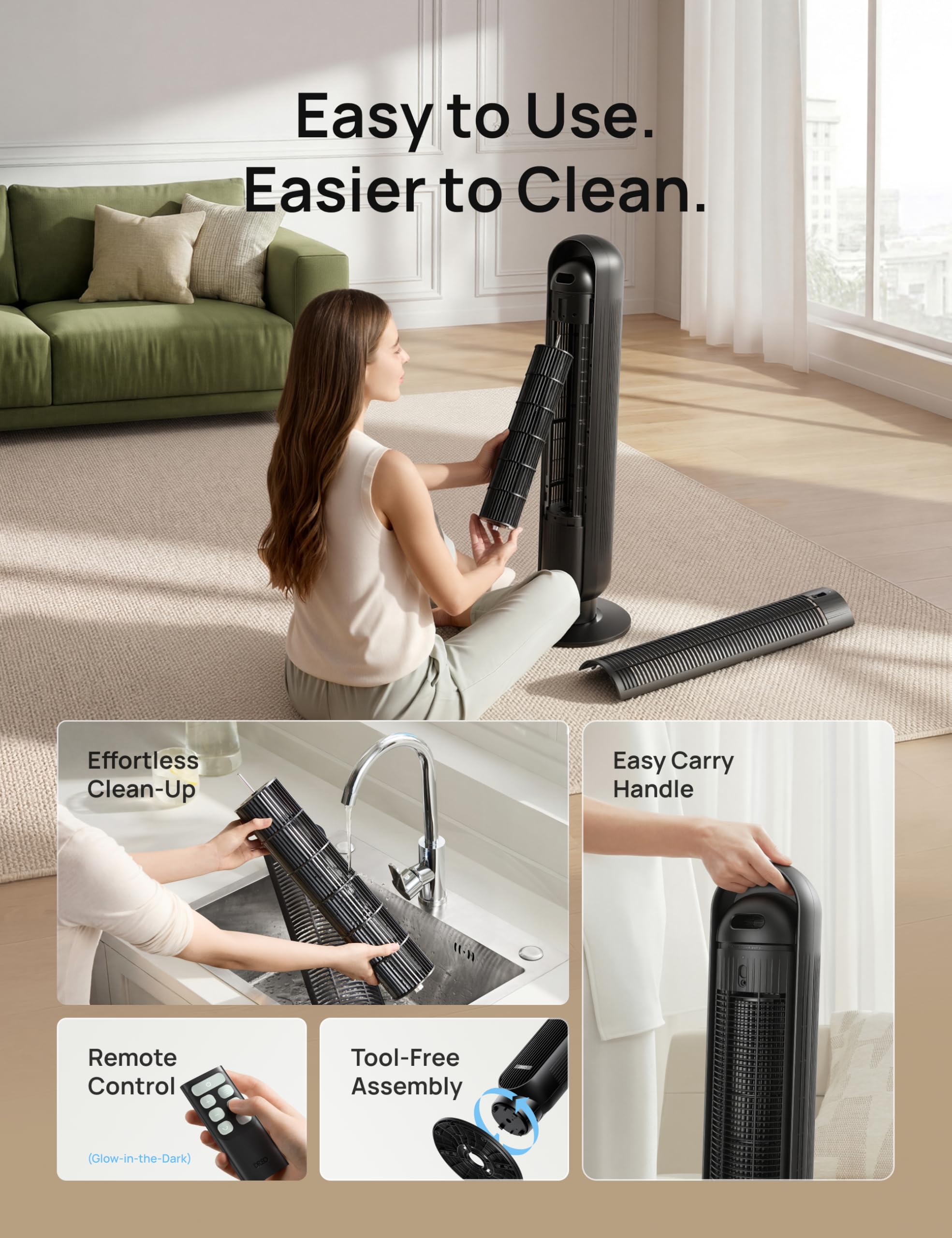 Dreo remote control and touch screen for easy adjustments.