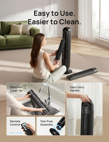 Dreo remote control and touch screen for easy adjustments.