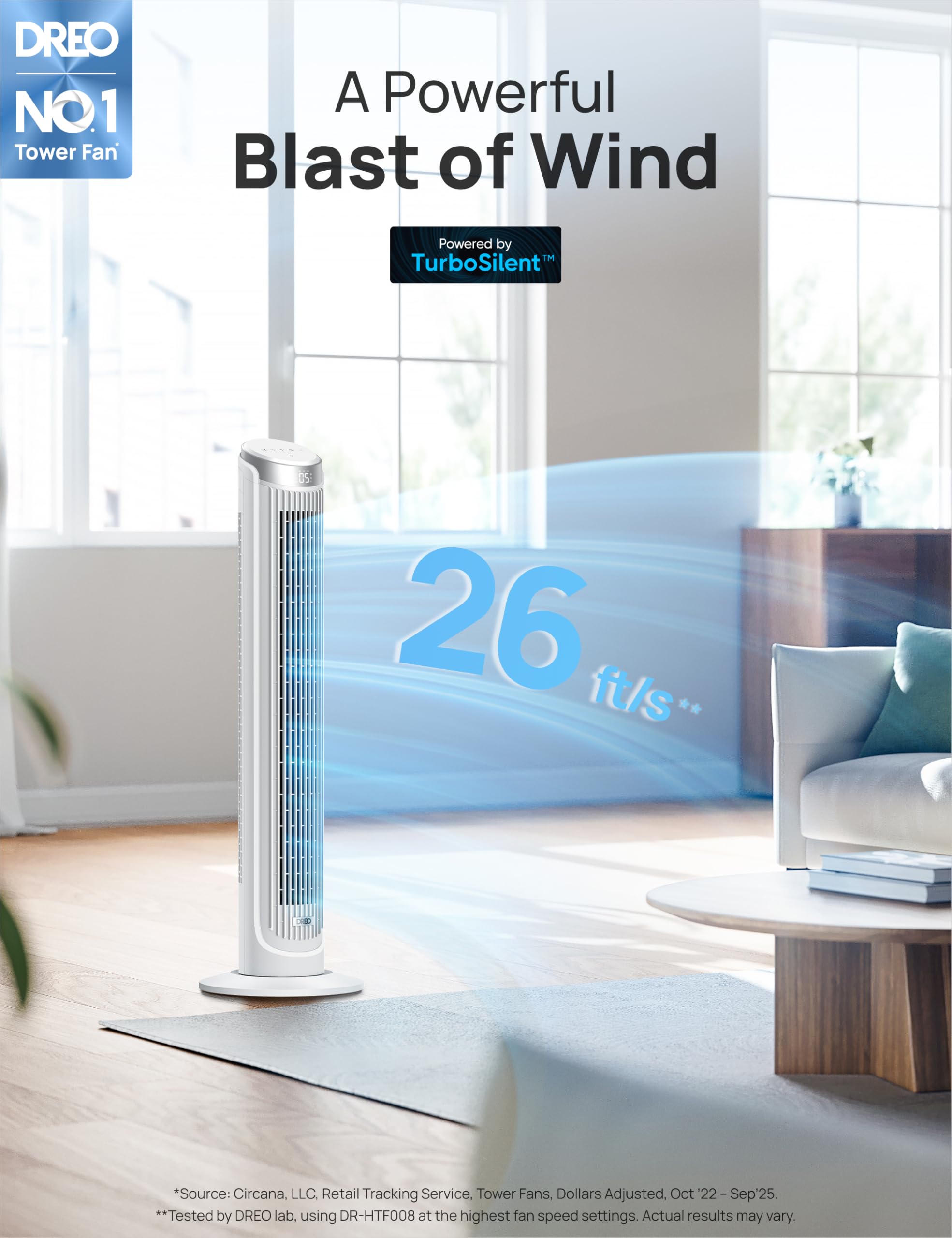 DREO Tower Fan with remote control for easy adjustment from across the room.