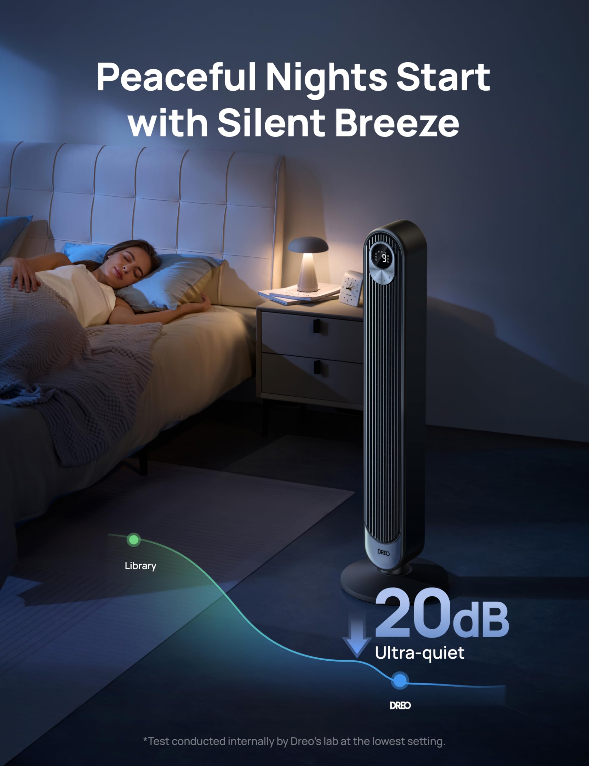 DREO tower fan digital display shows 9 speeds for precise cooling.