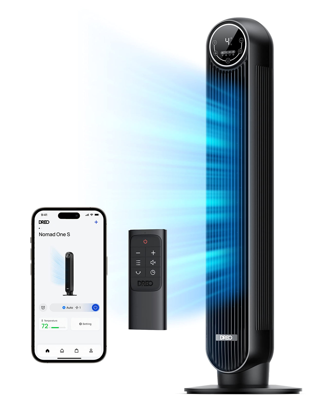DREO tower fan with remote control for convenient cooling from anywhere in the room.