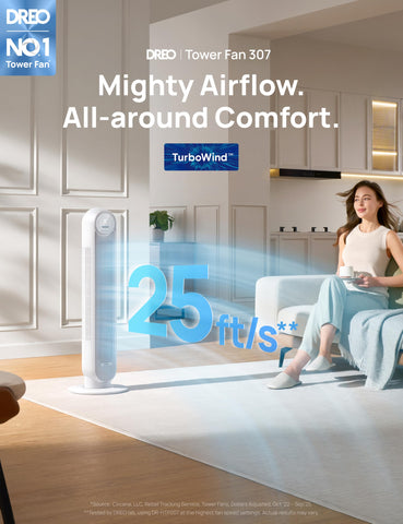DREO tower fan side view highlighting slim profile suitable for bedside placement