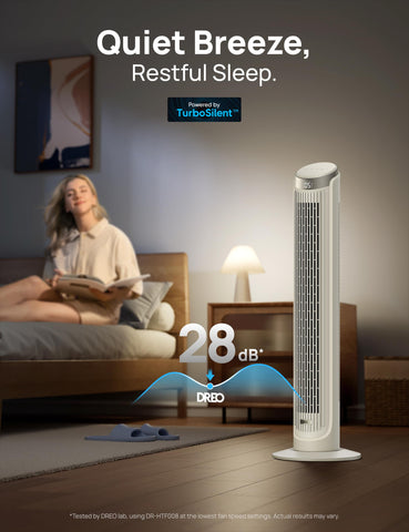 DREO Tower Fan operating silently to maintain a peaceful night.
