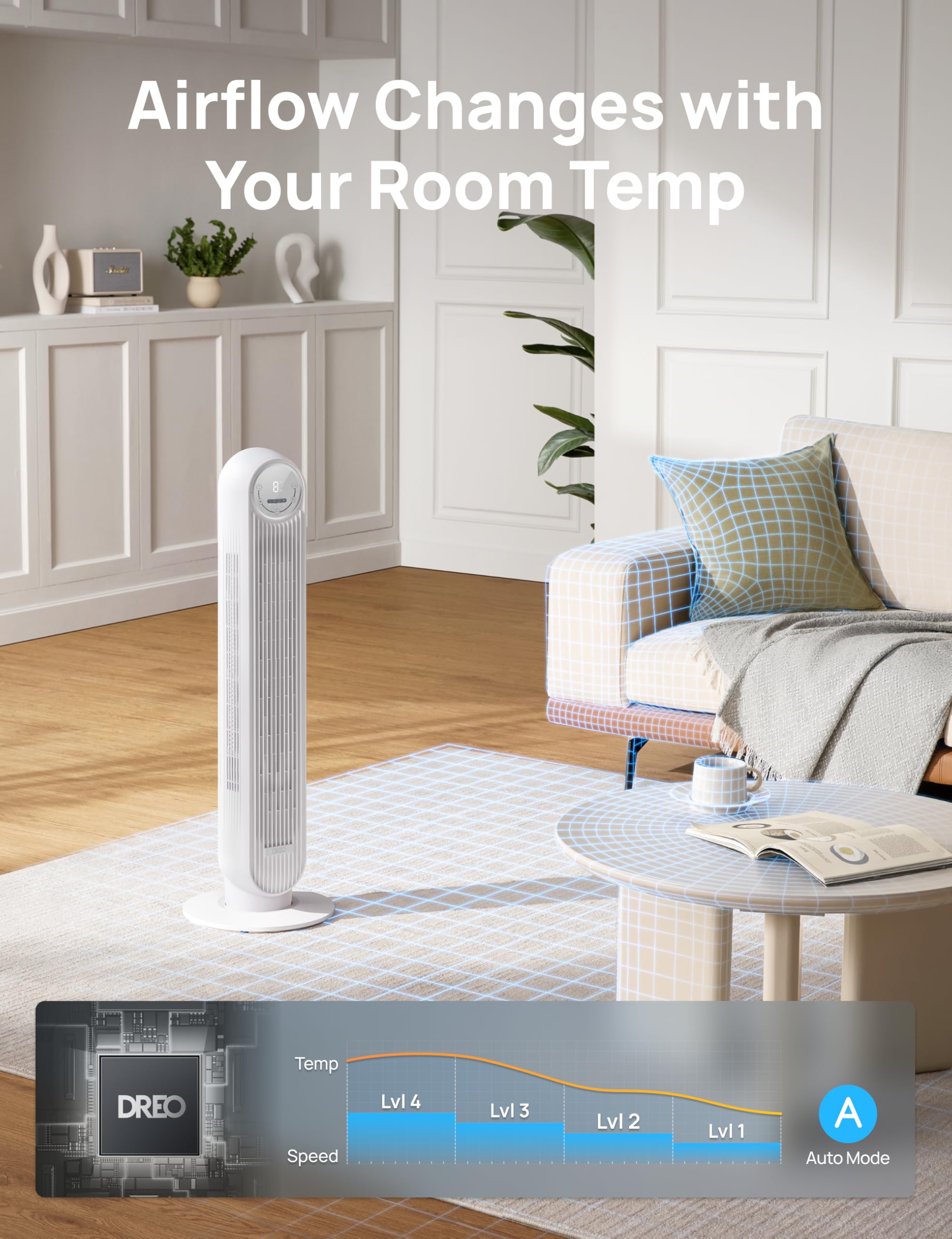 DREO tower fan sleep mode display-off feature for quiet nighttime comfort