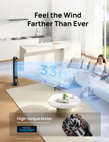 DREO Tower Fan in sleep mode delivering quiet comfort for night use