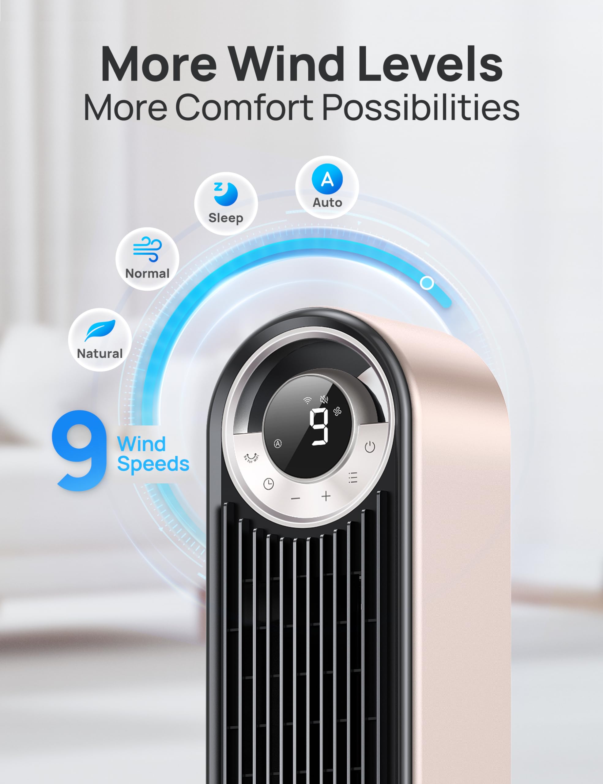 Dreo tower fan controlled by Alexa and Google Assistant for hands-free comfort